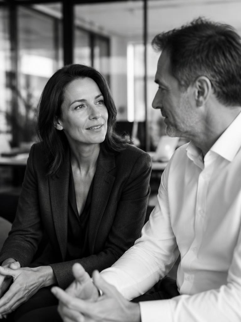 Deux dirigeants en discussion dans un environnement de bureau, photographie noir et blanc